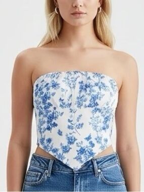 Blue & White Floral Strapless Top